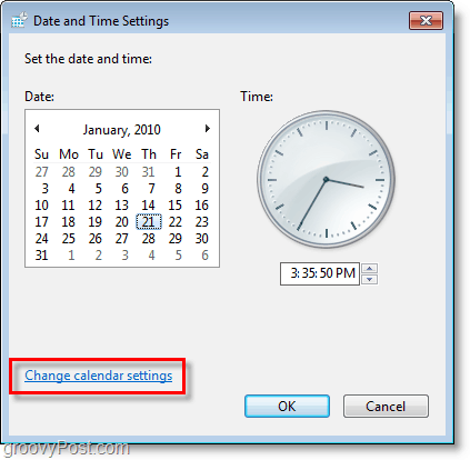 Windows 7-skærmbillede - ændre kalenderindstillingerne
