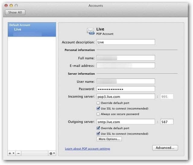 Microsoft Outlook Mac 2011: Konfigurer Windows Live Mail vha. POP3