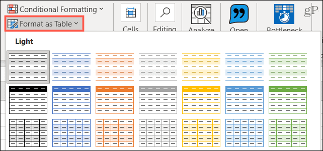 Formater som tabel i Excel