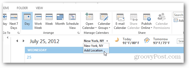 Outlook 2013 Kalender Vejrrundvisning - Klik på Tilføj placering