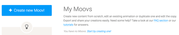 Klik på knappen Opret ny Moov for at komme i gang med Moovly.