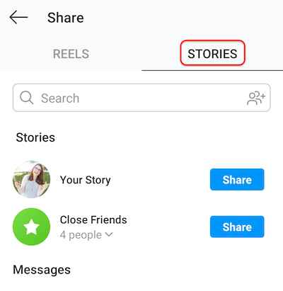 skærmbillede af instagram-skærmen, der viser fanen historier, der gør det muligt at dele hjul til din historie eller tætte venneliste