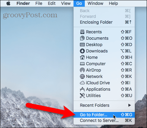 Vælg Gå til mappe i Finder på Mac