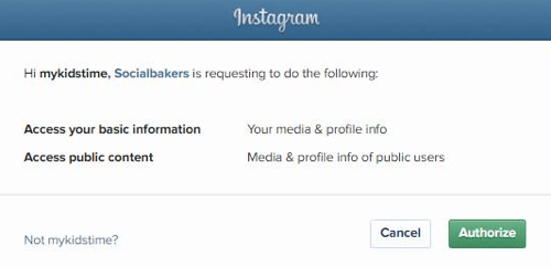 Giv Socialbakers tilladelse til at få adgang til dine Instagram-kontooplysninger.