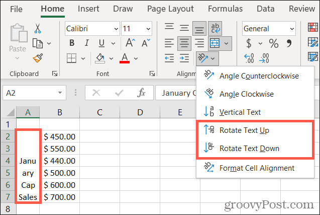 Roter tekst op eller ned i Excel
