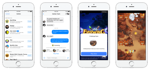 Facebook lancerede Instant Games, en ny HTML5 spiloplevelse på tværs af platforme, på Messenger og Facebook News Feed til både mobil og internet.