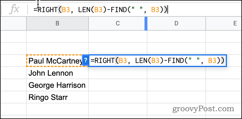 En formel, der bruger RIGHT i Google Sheets