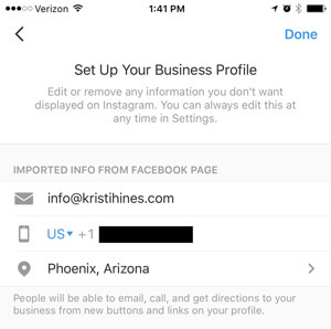 Instagram-forretningsprofil opretter forbindelse til Facebook-siden