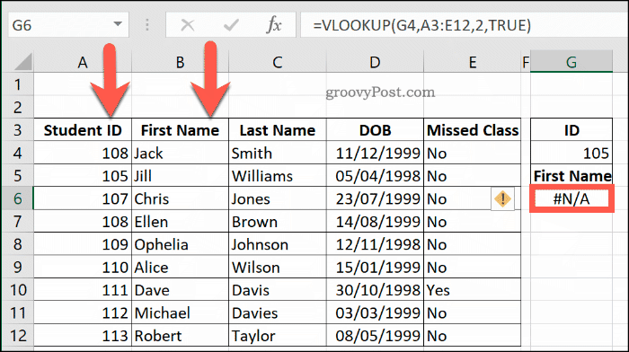 Et andet eksempel på en NA-fejl med VLOOKUP i Excel på grund af, at et dataområde ikke er sorteret korrekt