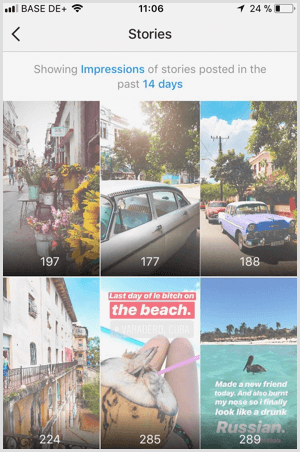 Se data om Instagram Stories Impressions i Instagram Analytics.