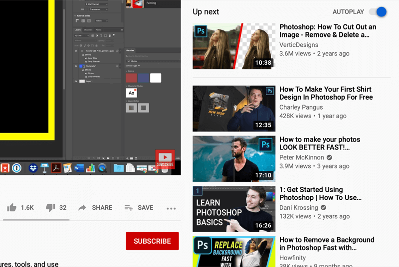 YouTube-videoskærm, der viser videoer til automatisk afspilning på højre side af skærmen, anbefalet af youtube baseret på det, der ses