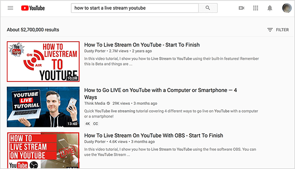 Søg på YouTube efter “hvordan man starter en livestream youtube”, og de øverste søgeresultater viser to videoer af Dusty Porter.