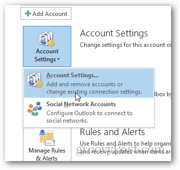 hvordan man opretter pst-fil til Outlook 2013 - klik på kontoindstillinger