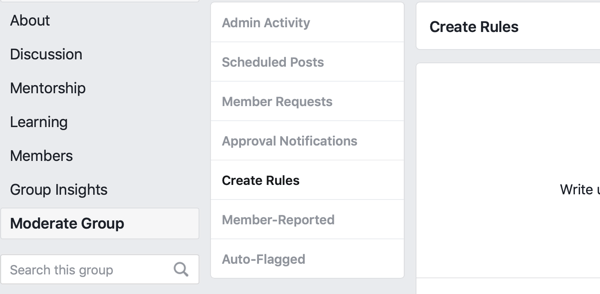 Sådan forbedres dit Facebook-gruppesamfund, menupunktet Facebook for at oprette regler for at moderere din gruppe