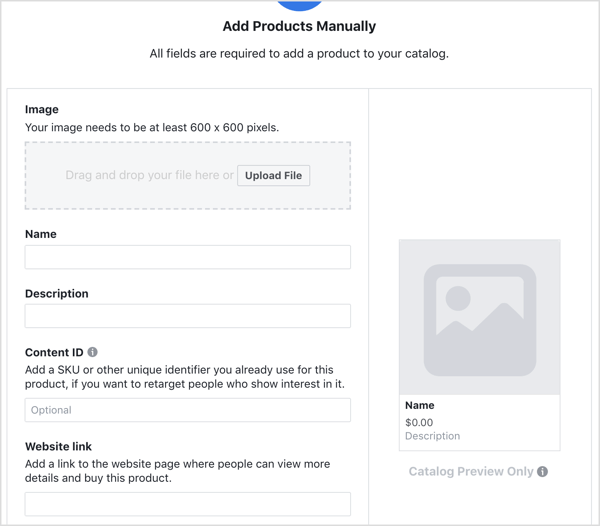 Indtast detaljer for at tilføje et produkt til dit Facebook-katalog.