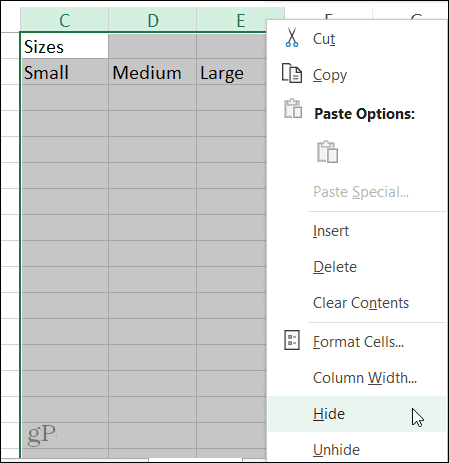 Skjul kolonne genvej i Excel på Windows