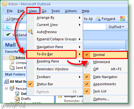 Opgavelinjen i Outlook 2007 - Tilpas visning til normal