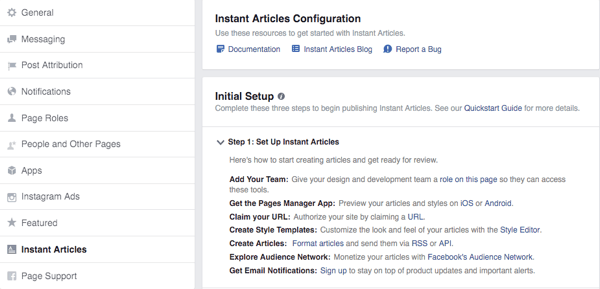 facebook øjeblikkelige artikler konfigurationsskærm