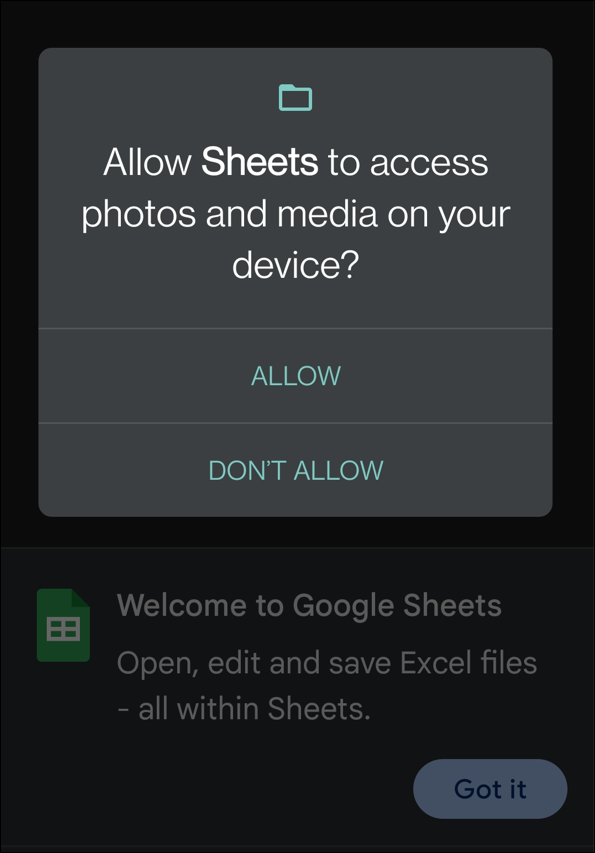Giver Sheets adgang til åbne XLSX-filer i Android