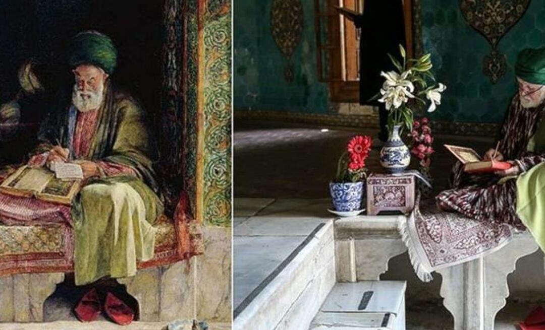 Neslihan Sağır Çetin fotograferede maleriet tegnet af den britiske maler for 153 år siden i Yeşil Türbe.