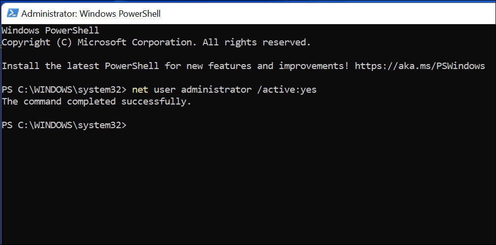 kommando for at aktivere administratorkonto på Windows 11