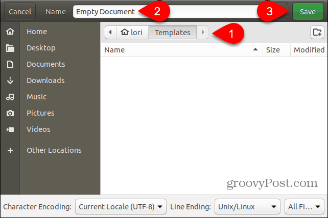 Gem den tomme dokumentskabelonfil i mappen Skabeloner i Ubuntu