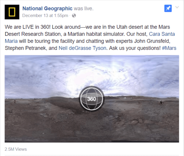 Facebook lancerede Live 360-video i denne uge med en National Geographic-rapport fra Mars Desert Research Station-anlægget i Utah.
