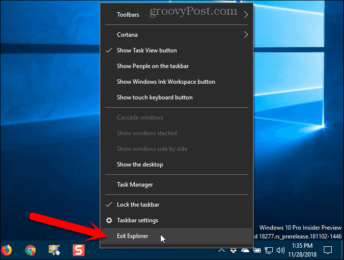 Vælg Afslut Stifinder fra genvejsmenuen i proceslinjen i Windows 10
