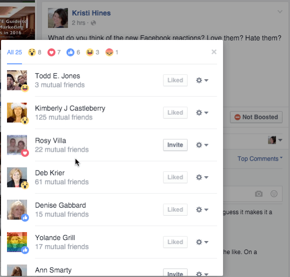 facebook reaktioner detaljer fra et indlæg