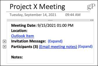 Mødedetaljer i OneNote på Mac