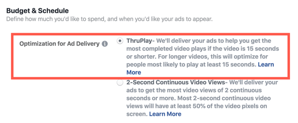 Facebook ThruPlay-optimering til videoannoncer, trin 2.