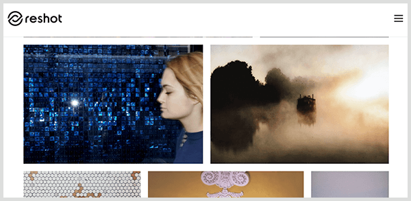 Reshot er lagerfotoside med kuraterede billeder. Skærmbillede af fotobiblioteket på Reshot-webstedet inkluderer profil af en hvid kvinde med blondt hår foran iriserende blå fliser og et tåget landskab med silhuet træer.