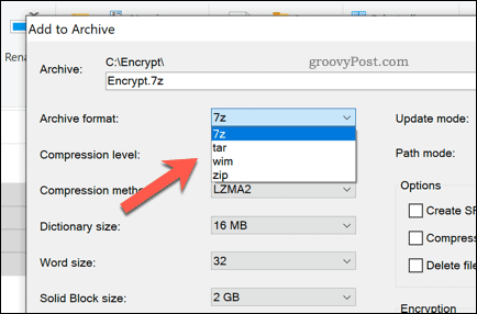 Valg af en filtype med 7 zip-arkiver