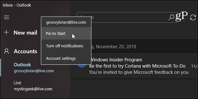 Fastgør e-mail til Windows 10 Start Mail-app