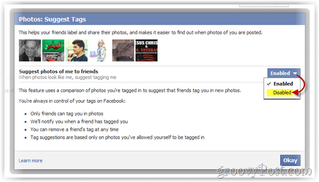 deaktiver facebook med forslag til fotos af dig til venner
