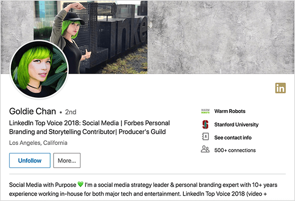 Dette er et screenshot af Goldie Chans LinkedIn-profil. Hun er en asiatisk kvinde med grønt hår. På sit profilbillede har hun makeup, en sort chokerhalskæde og en sort skjorte. Hendes tagline siger “LinkedIn Top Voice 2018: Sociale medier | Forbes Personal Branding og Storytelling Contributor | Producer's Guild ”