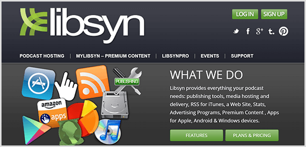 Chris Brogan bruger Libsyn til at være vært for lydfiler til sin Alexa flash-briefing. Libsyn-webstedet har navigationselementer til podcast-hosting, premium-indhold, pro-funktioner, begivenheder og support.