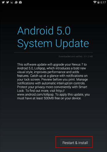 genstart nexus 7 og installer Android 5
