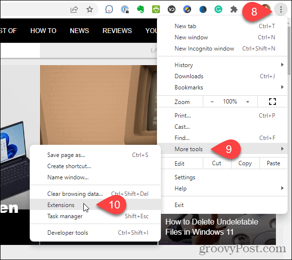 I Chrome-menuen skal du gå til Flere værktøjer og derefter Udvidelser