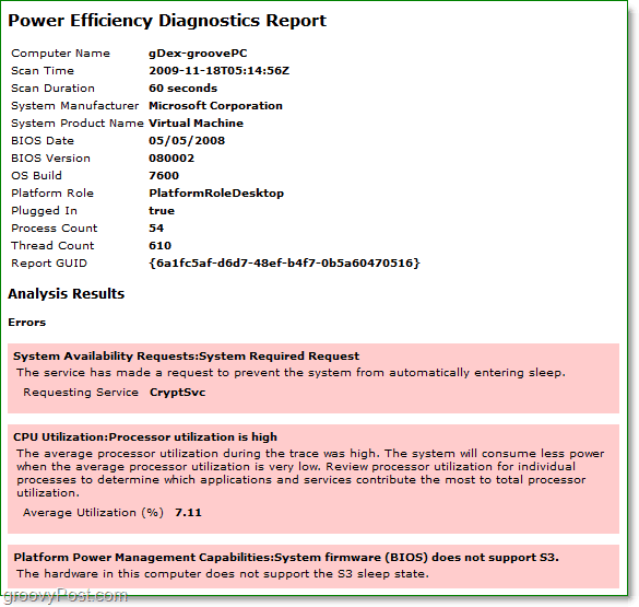 se strømdiagnostisk rapport for effektivitet i Windows 7