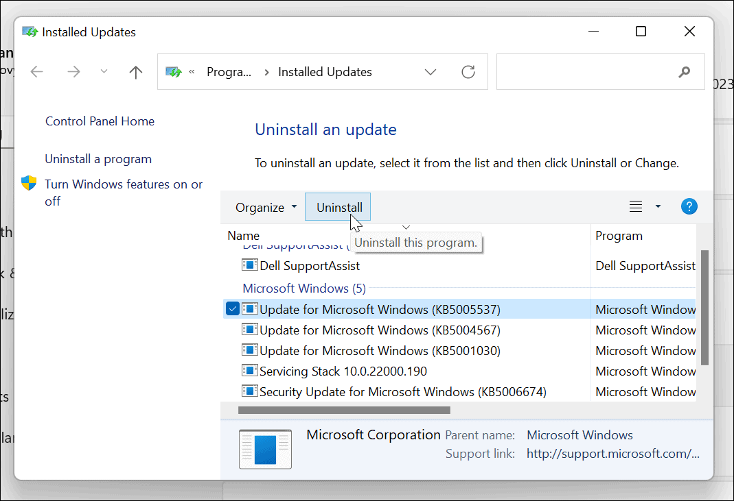 afinstaller kumulativ opdatering Windows 11