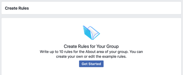 Sådan forbedres dit Facebook-gruppesamfund, Facebook-mulighed for at komme i gang med at oprette regler til din gruppe