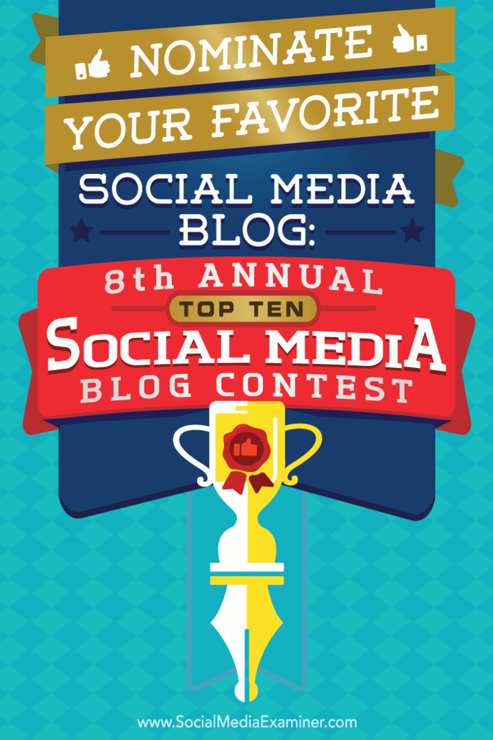 Nominer din foretrukne sociale medieblog: 8. årlige top 10 sociale medieblogkonkurrence af Lisa D. Jenkins på Social Media Examiner.