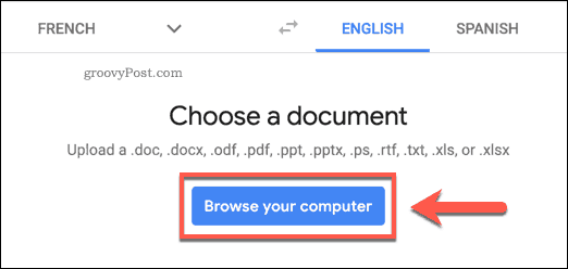 Knappen Gennemse din computer på Google Translate-webstedet