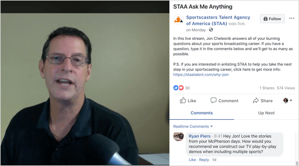 Facebook Live-udsendelse af AMA med kundespørgsmål.