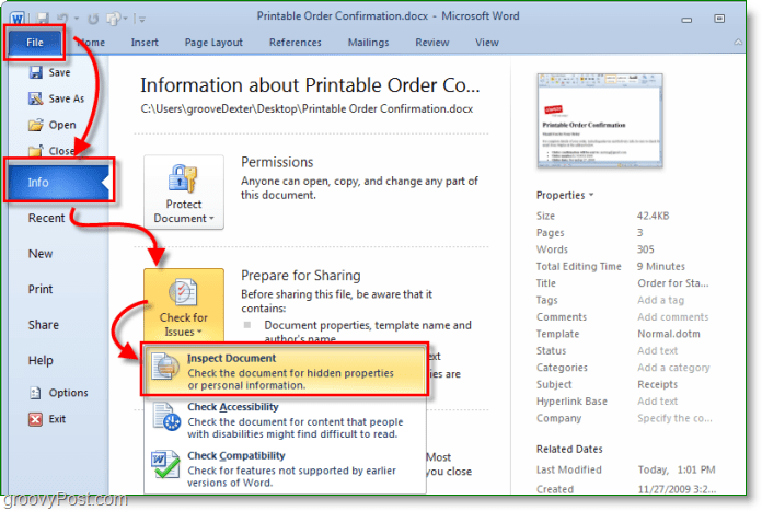 hvordan man får adgang til dokumentinspektøren i Microsoft Office 2010