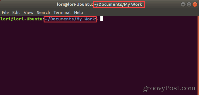 Terminalvindue åbent for en bestemt mappe i Ubuntu Linux