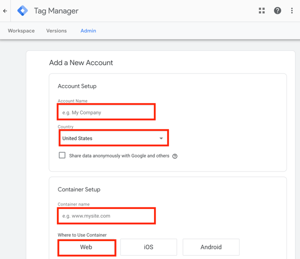 Brug Google Tag Manager med Facebook, trin 1, indstilling for at tilføje en ny Google Tag Manager-konto
