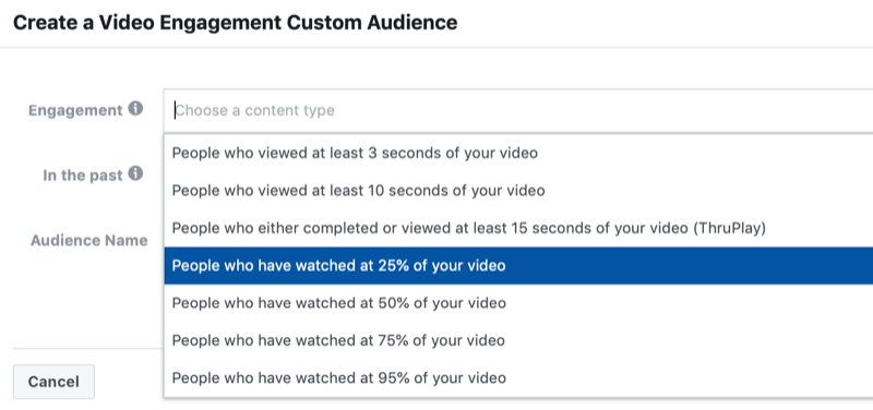 dialogboks for at oprette et brugerdefineret publikum til Facebook-videoengagement