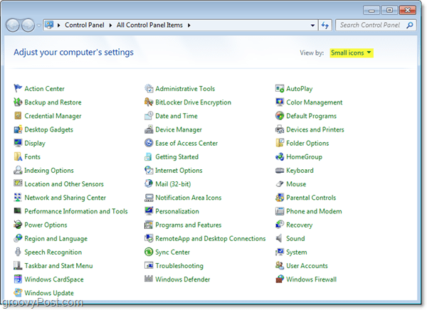 Windows 7-kontrolpanelet vises automatisk i små ikoner